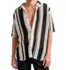 Hollowed Striped Knitted Lapel Shirt for Men in Summer Retro Half Sleeved Casual Shirt Short Sleeve Customization LOGO