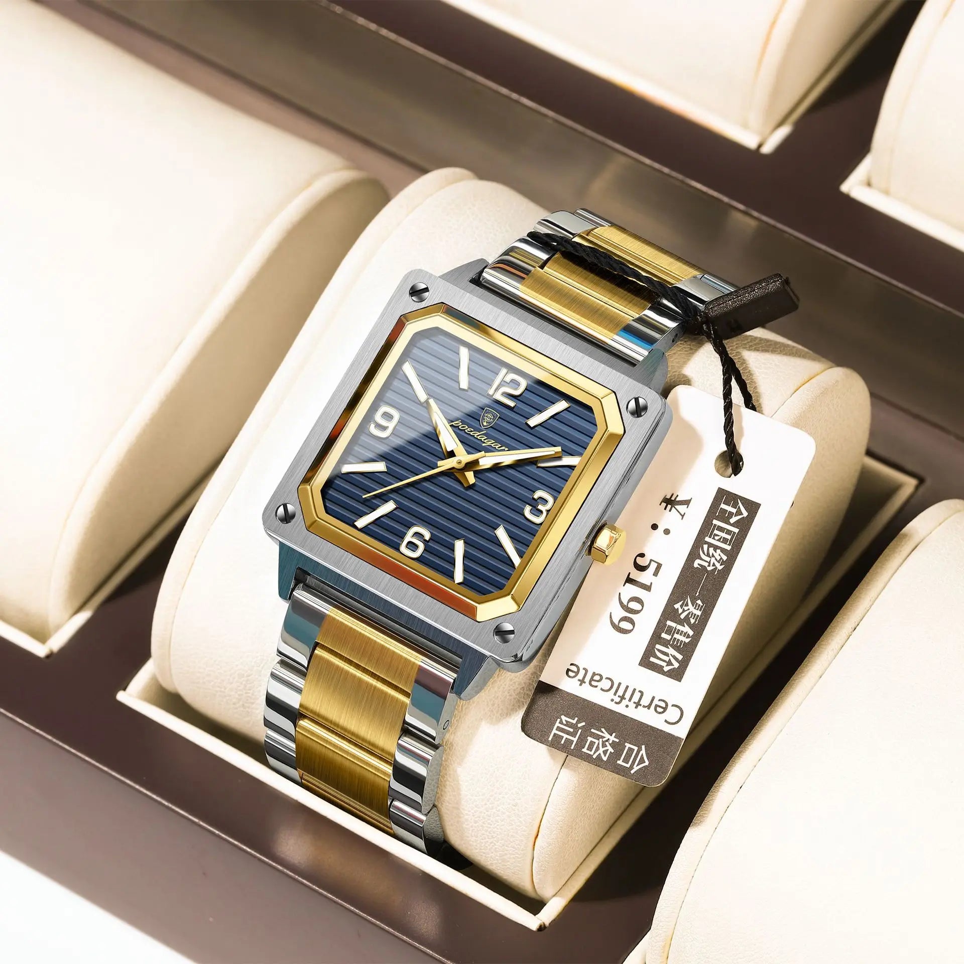 POEDAGAR 870 Big Dial Square Quartz Watch — Day/Date, Stainless, 3BAR