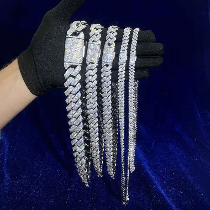 Pass Diamond Tester GRA Hip Hop S925 Silver Iced Out Bling 3 Rows 14mm 16mm 18mm 20mm VVS Moissanite Cuban Link Chain for Men