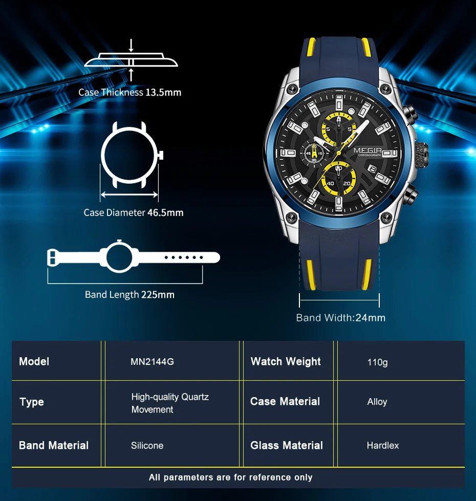 MEGIR 2144 Chronograph Sport Watch — 46.5mm, Japan Quartz, Silicone
