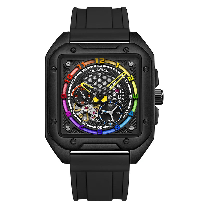 Fairwhale Skeleton Automatic Watch — Square Case, Silicone Strap, 3BAR