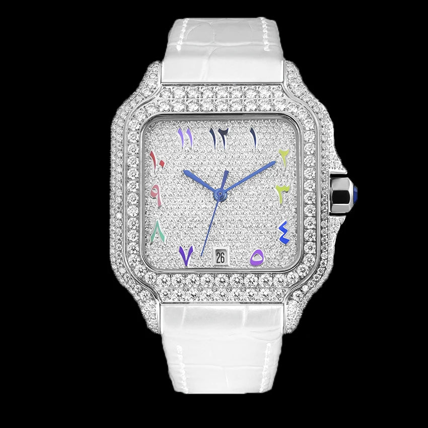 Hip Hop Square Moissanite Watch — Automatic, Leather Strap, Sapphire