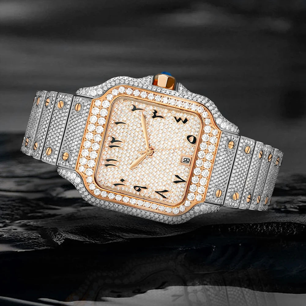 Full Diamond VVS1 Moissanite Sport Watch — Square Case, Sapphire, Butterfly Clasp