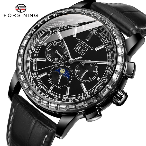 Forsining Custom Leather Skeleton Automatic Watch — 42mm, Waterproof
