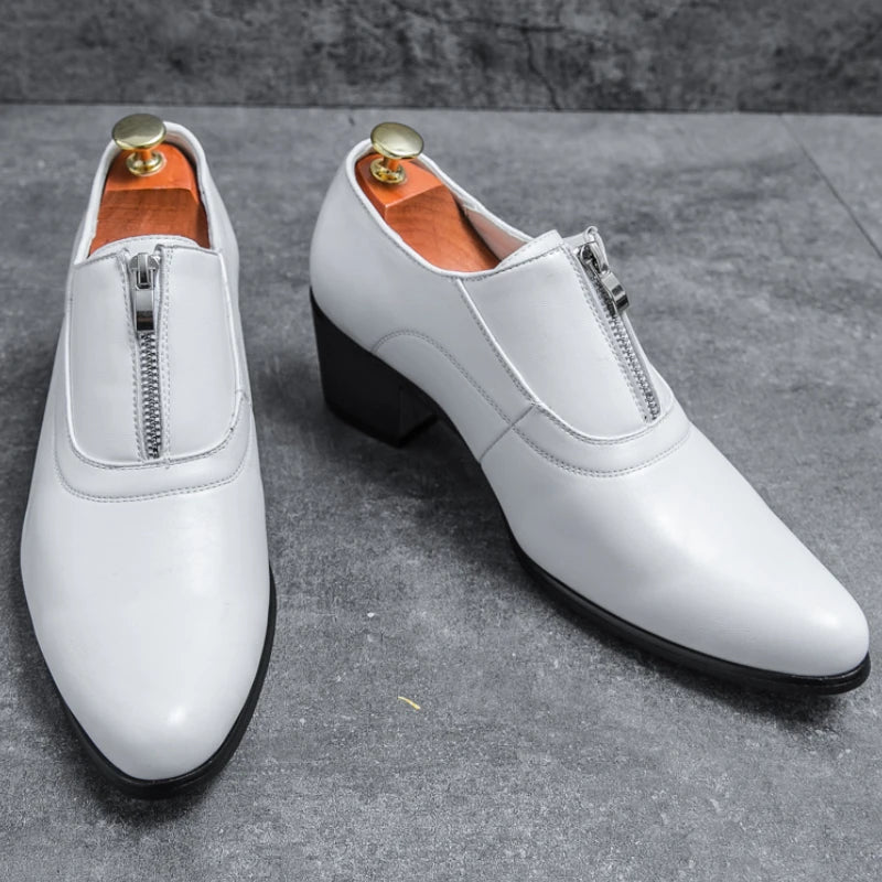 Size 37-44 Block Heel Male Dress Shoes Slip Resistant Zip Closure White Color Men Wedding Shoes