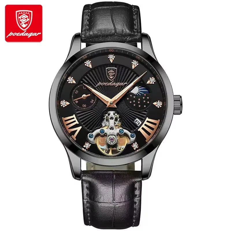 POEDAGAR 906 Diamond Leather Quartz Watch — 41mm Oval, Luminous, 3BAR