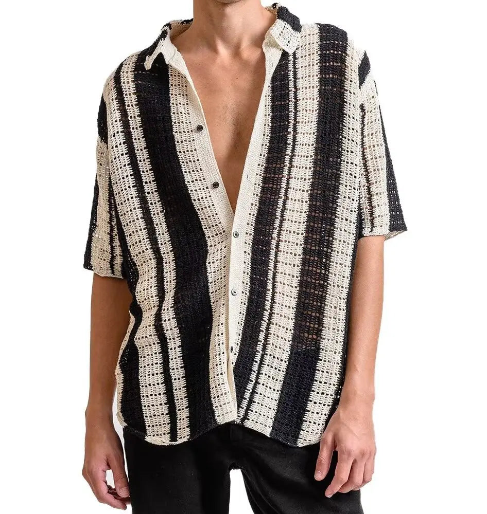 Hollowed Striped Knitted Lapel Shirt for Men in Summer Retro Half Sleeved Casual Shirt Short Sleeve Customization LOGO