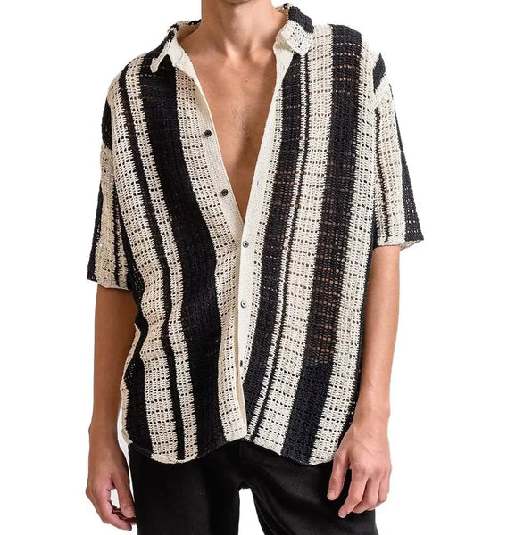 Hollowed Striped Knitted Lapel Shirt for Men in Summer Retro Half Sleeved Casual Shirt Short Sleeve Customization LOGO