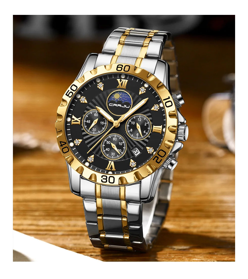 CRRJU Men's Dress Chronograph Quartz Watch — 43mm, Luminous, 3BAR