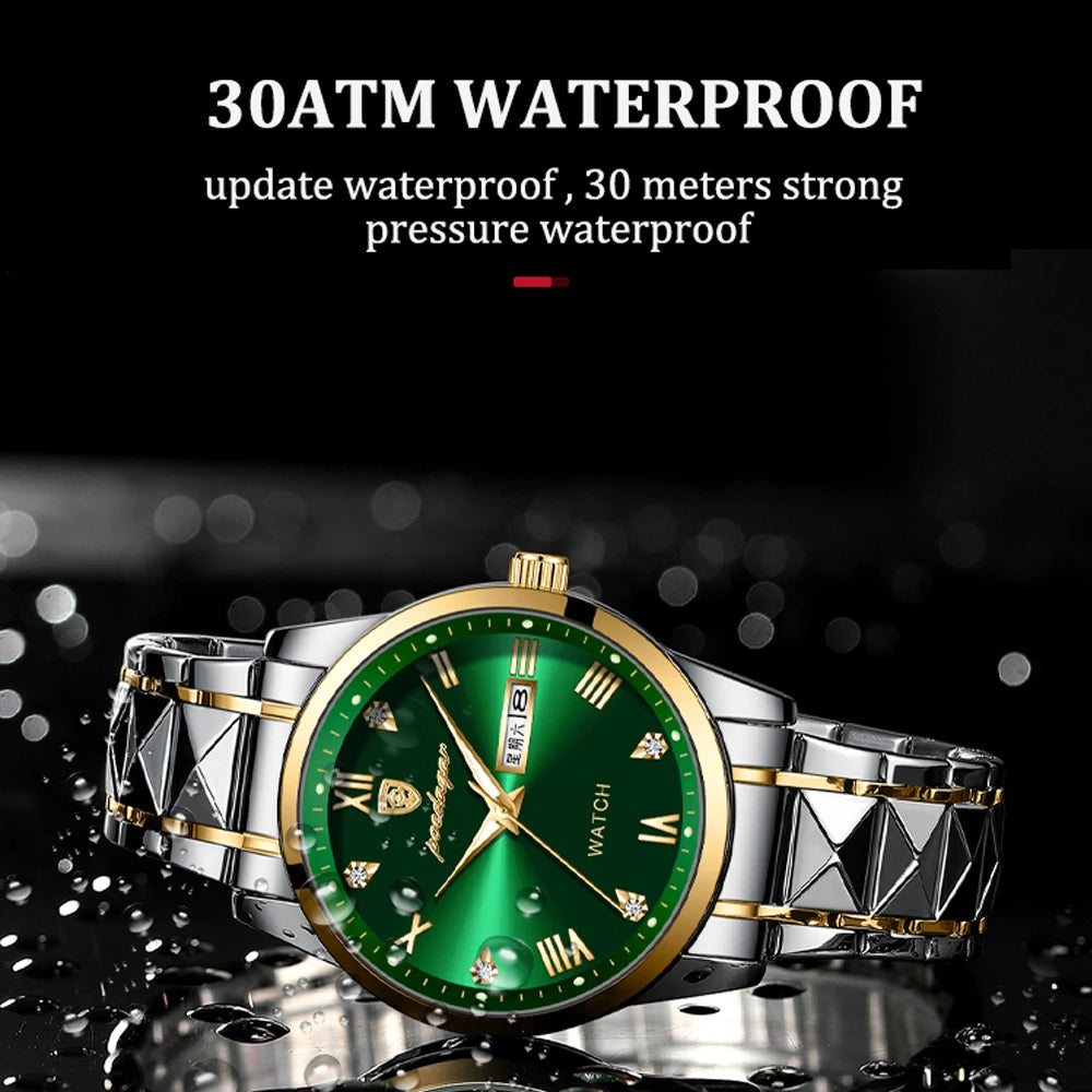 POEDAGAR Green Dial Quartz Sport Watch — Luminous, Calendar, 3BAR