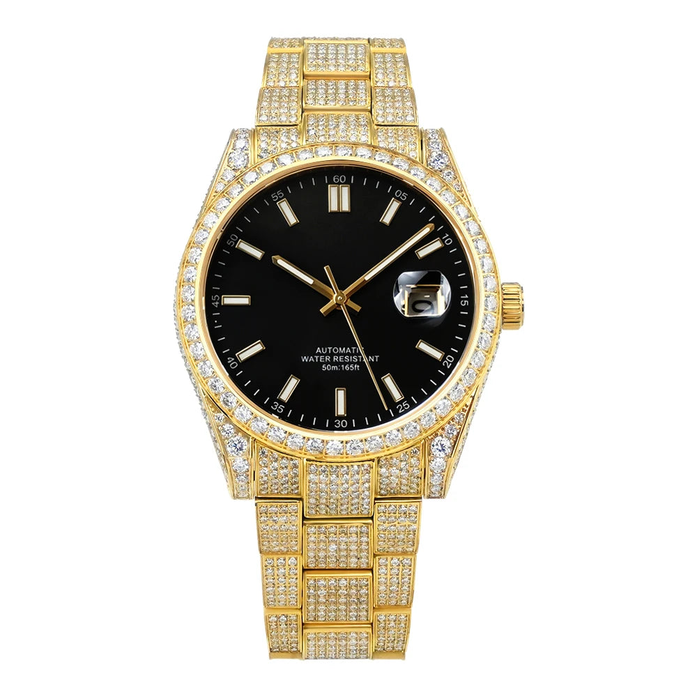 Premium Iced Out Moissanite Automatic Watch — 43mm, Sapphire, Day/Date