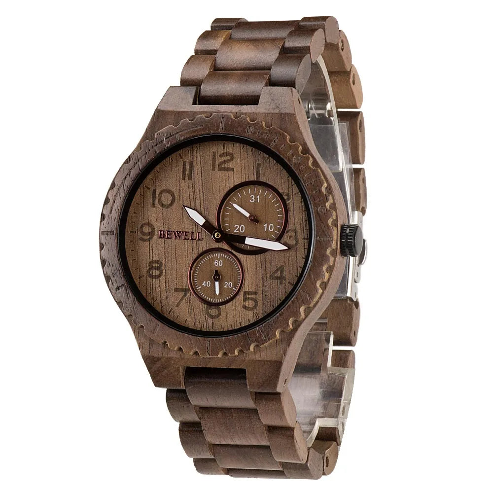 BEWELL Natural Wood Quartz Watch — 45mm, Japanese Movement