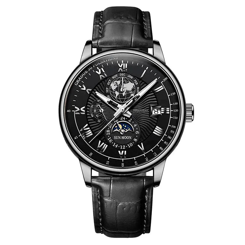 Men's Fashion Leather Oval Quartz Watch — 40mm, Day/Date, 3BAR