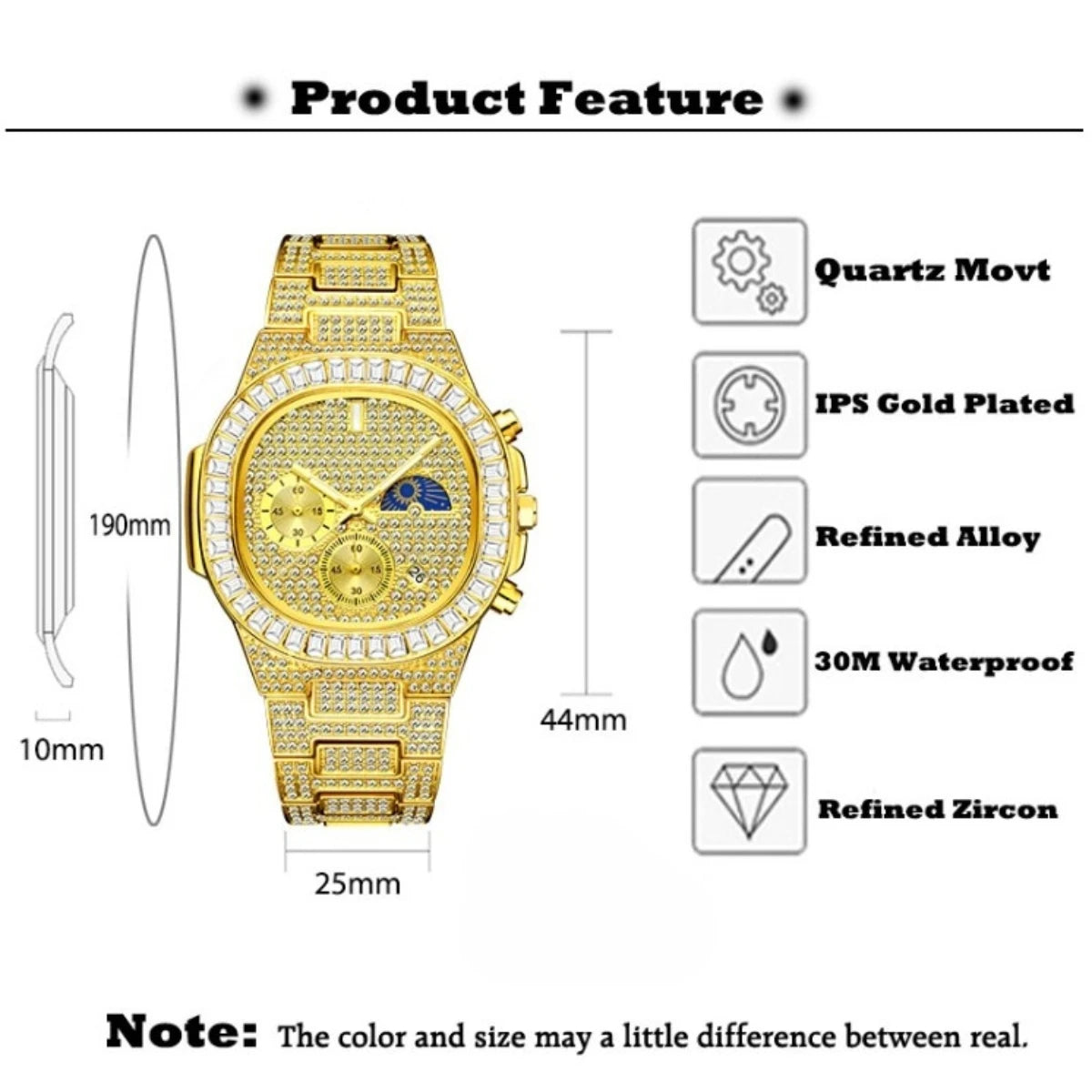 Iced Out Diamond Square Quartz Watch — 44mm, Day/Date, 3BAR