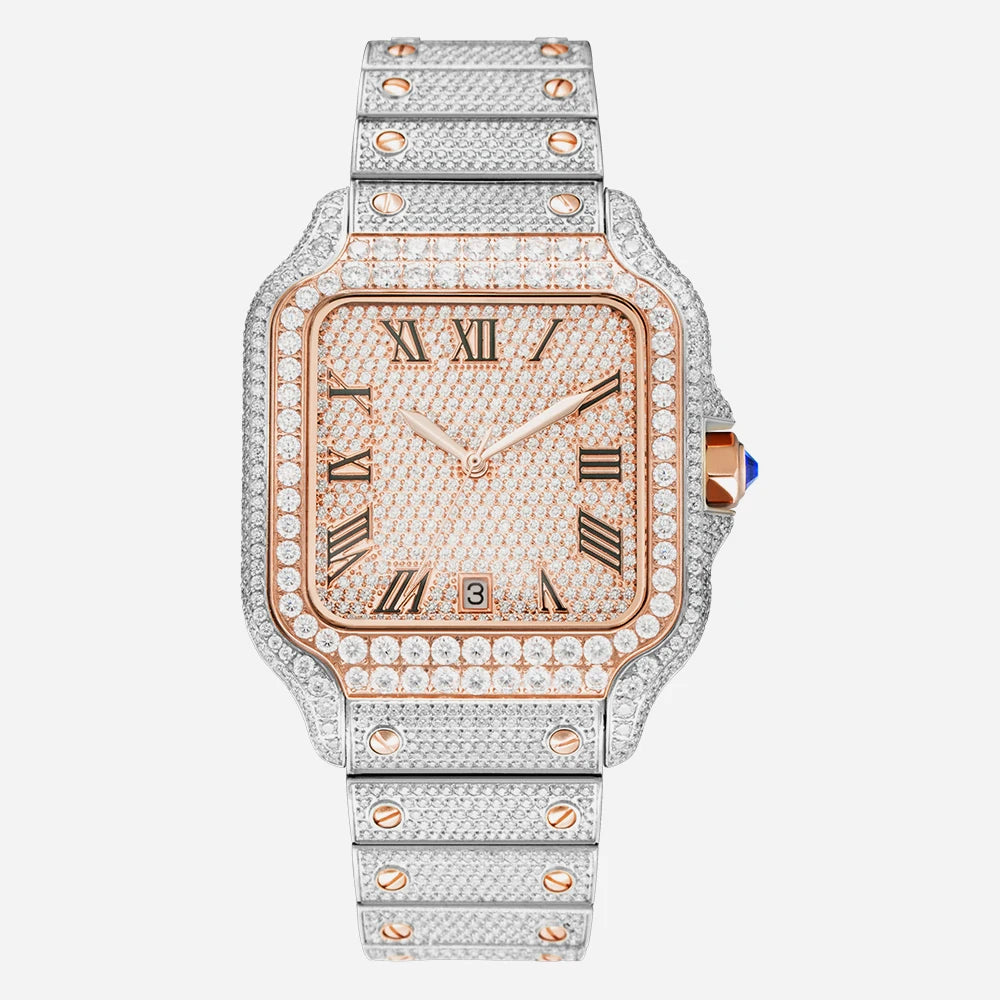 Full Diamond VVS1 Moissanite Sport Watch — Square Case, Sapphire, Butterfly Clasp