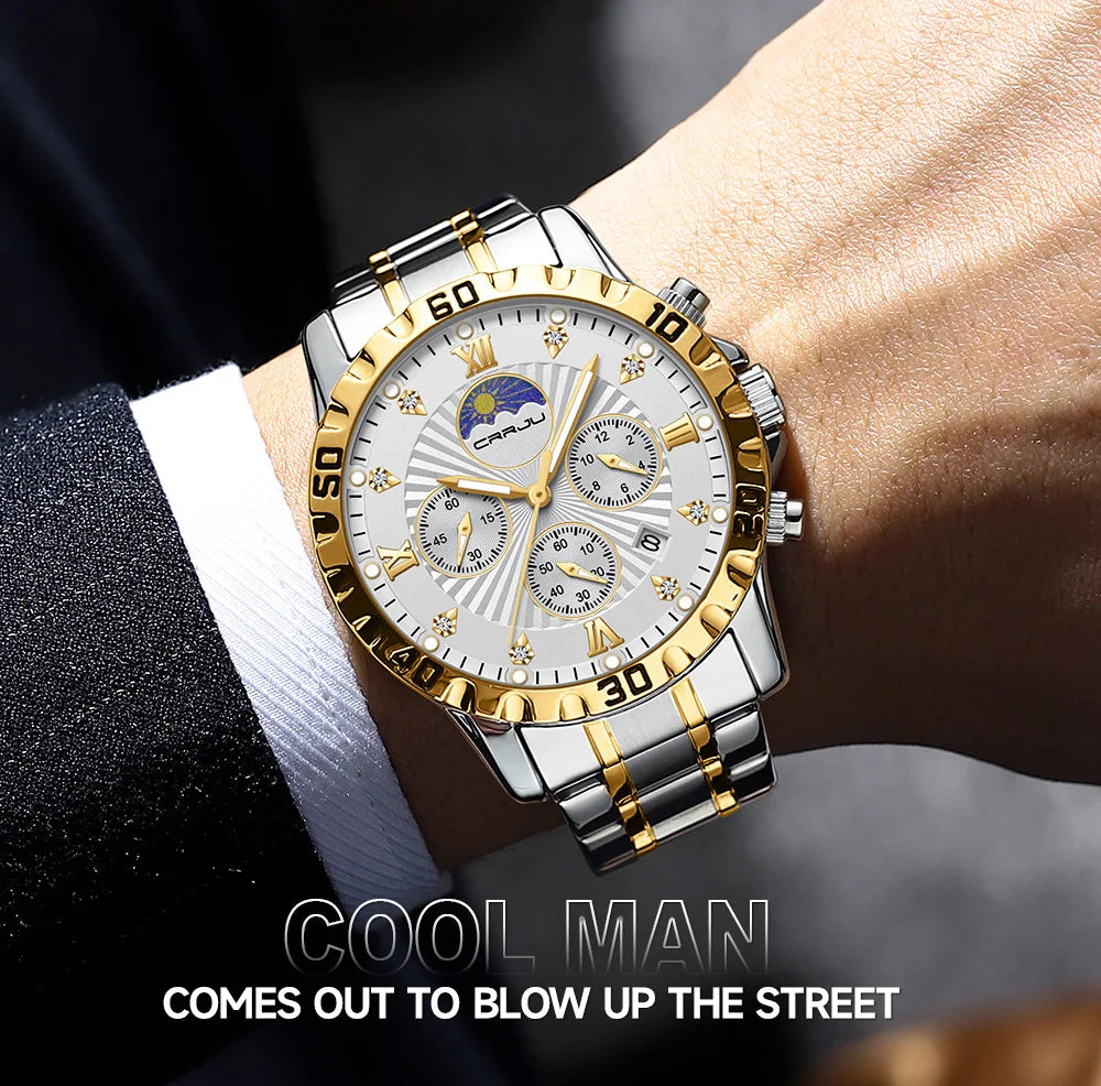 CRRJU Business Dress Quartz Watch — 43mm, Luminous, Stainless Bracelet