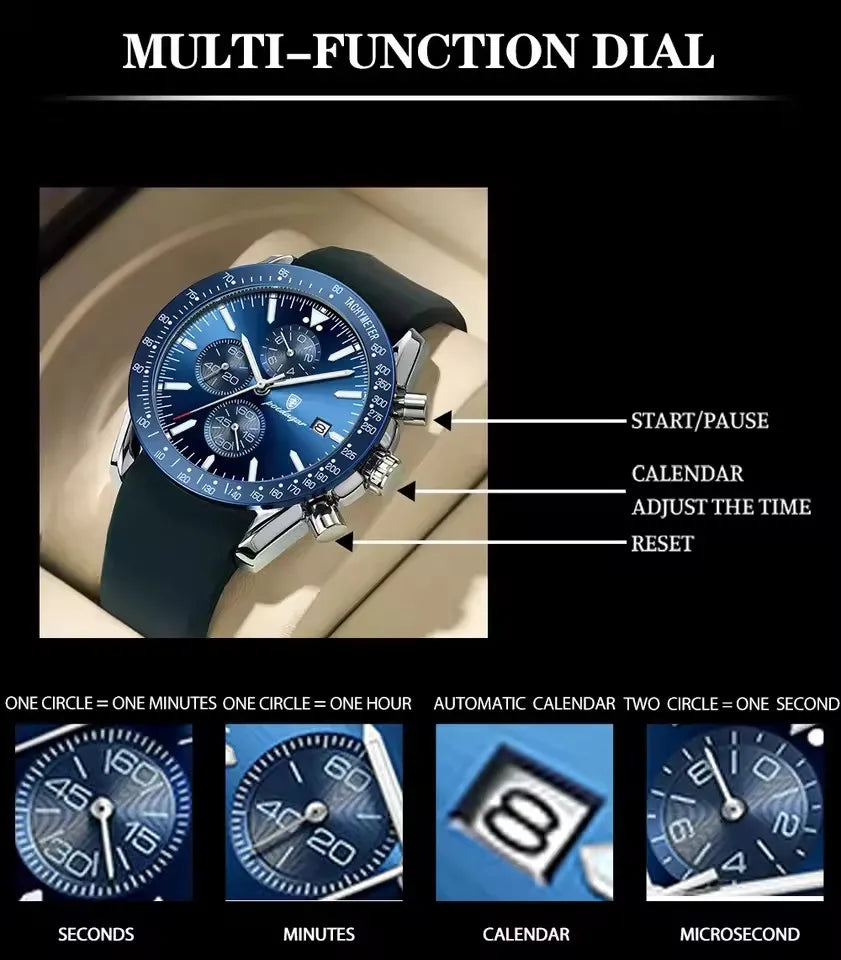 POEDAGAR 988 Chronograph Quartz Watch — 44mm Oval, Leather or Silicone