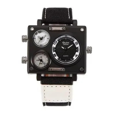 Oulm 3595 Large Dial Dual Time Zone Quartz Watch — 50mm Square, Leather