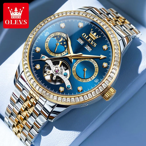 OLEVS 7016 Moon Phase Automatic Watch — 41.5mm Oval, Skeleton, Luminous