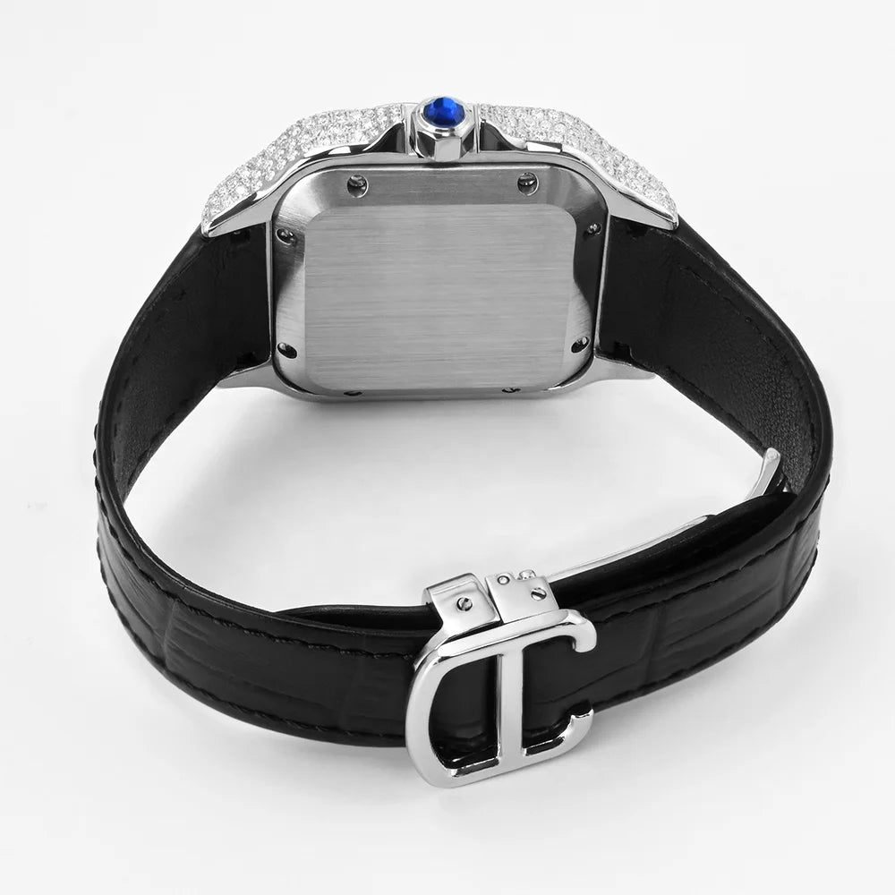 Hip Hop Square Moissanite Watch — Automatic, Leather Strap, Sapphire