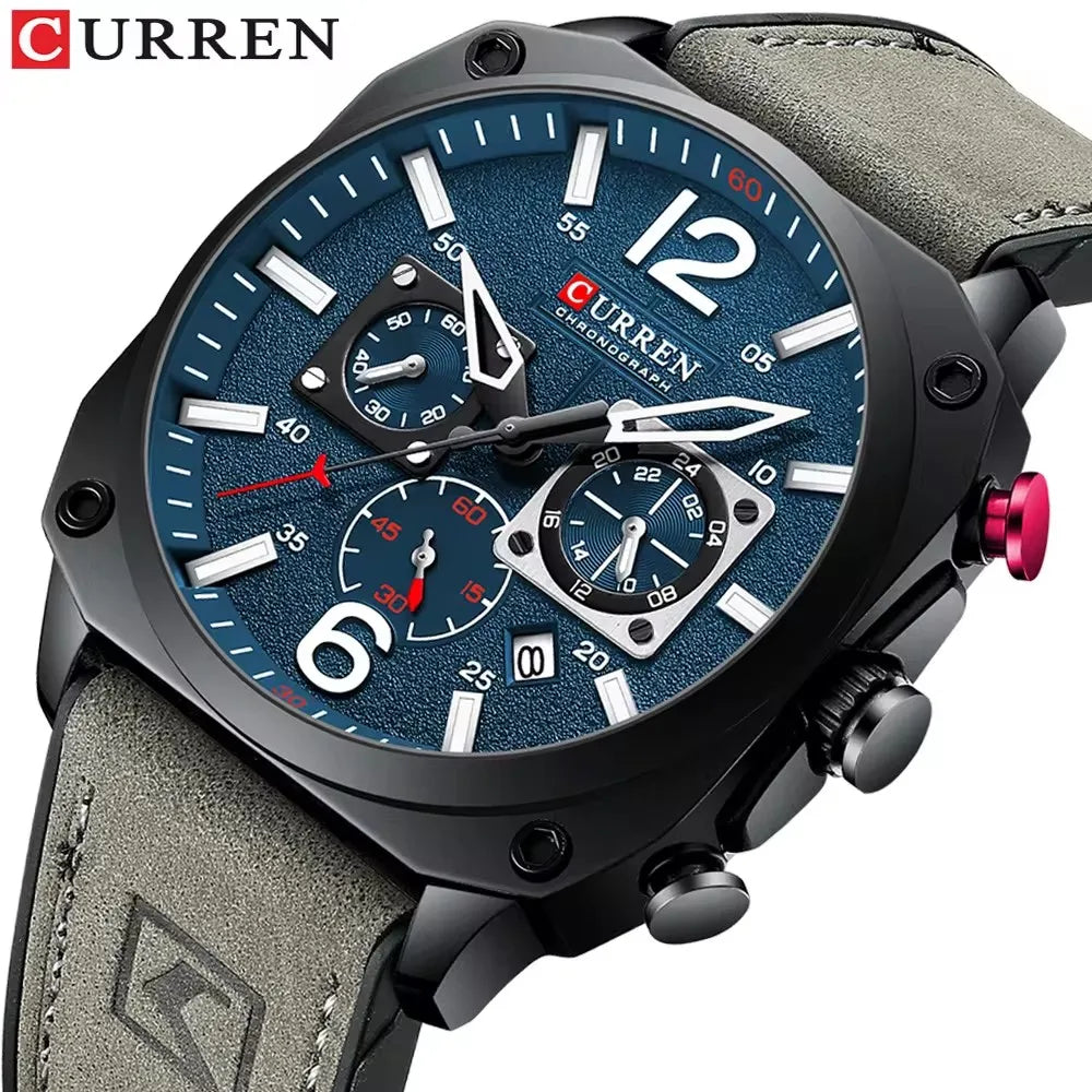 CURREN 8398 Leather Chronograph Watch — 45mm, Stopwatch, Luminous, 3BAR