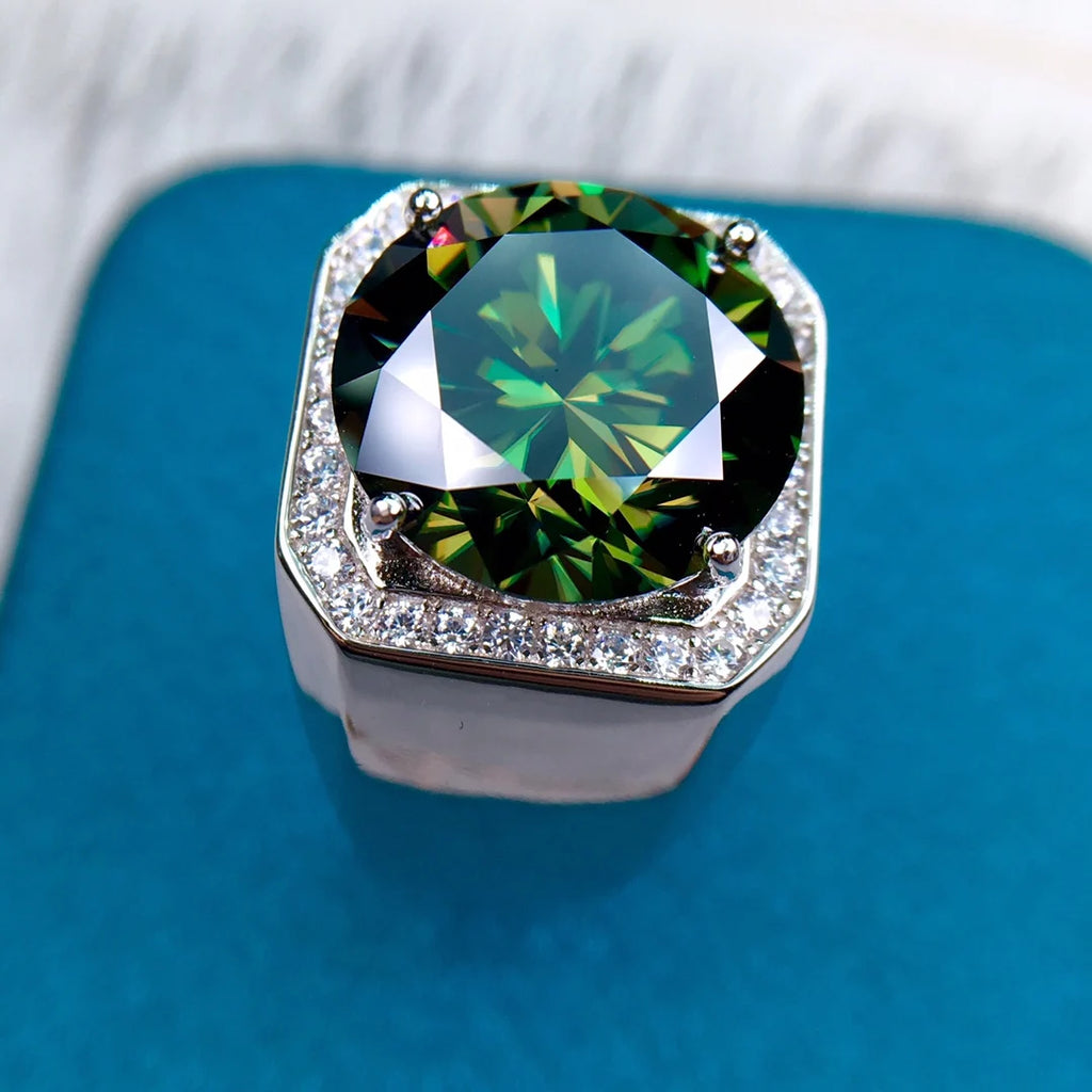Silver 925 Original 10 Carat Excellent Cut Diamond Test Past Large Green Moissanite Ring for Men Gift Brilliant Gemstone Jewelry