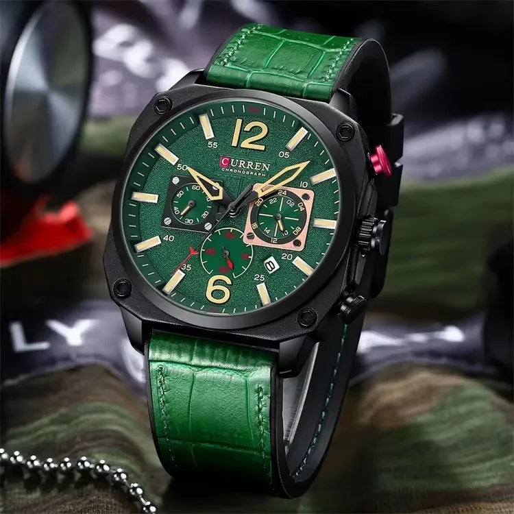 CURREN 8398 Leather Chronograph Watch — 45mm, Luminous, Stopwatch