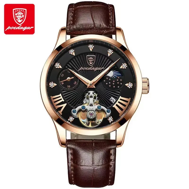 POEDAGAR 906 Diamond Leather Watch — 41mm Oval, Day/Date, Luminous