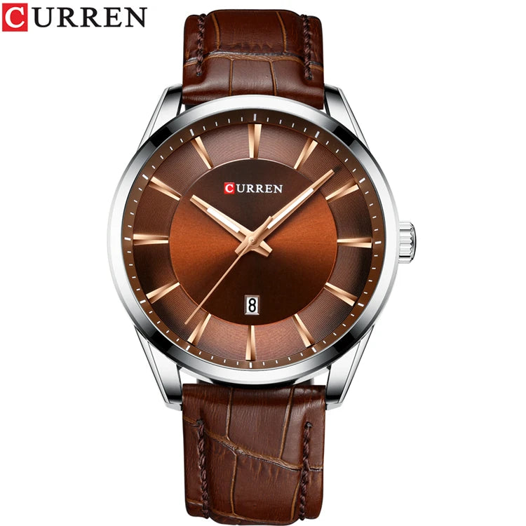CURREN 8365 Slim Leather Quartz Watch — 45mm, Day/Date, Hardlex