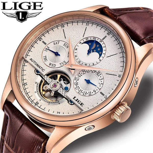 LIGE Skeleton Moon Phase Quartz Watch — 42mm, Leather, Japan Movement