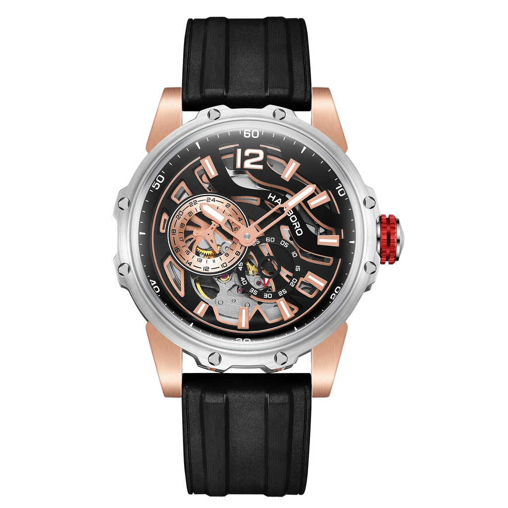 HANBORO Zebra Stripe Automatic Watch — 44mm Round, Crystal, Rubber Strap