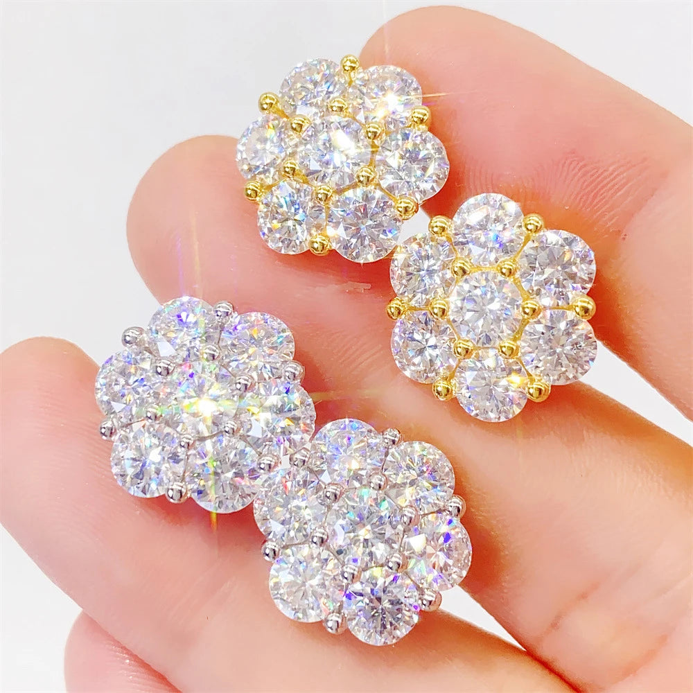 Sparkle 3MM 10 Points Diamonds 925 Sterling Silver VVS Moissanite Gold Round Diamond Cluster Flower Earrings