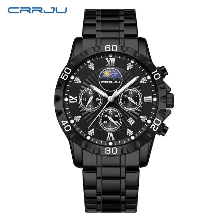 CRRJU Business Dress Quartz Watch — 43mm, Luminous, Stainless Bracelet