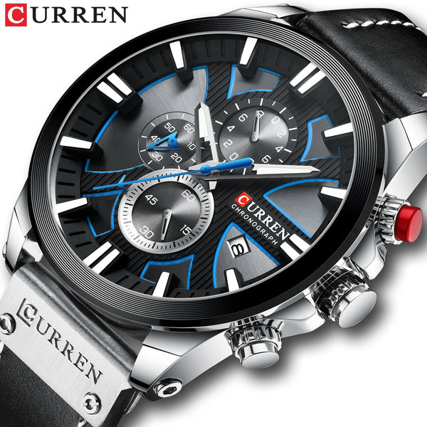 CURREN 8346 Chronograph Sport Watch — 49mm, Leather, Day/Date, 3BAR