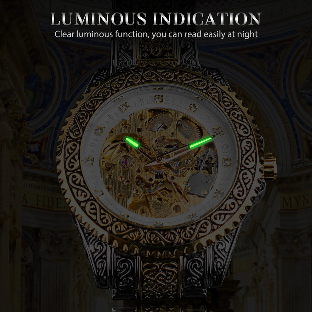 Forsining Gold Diamond Skeleton Automatic Watch — 44mm Oval, Luminous