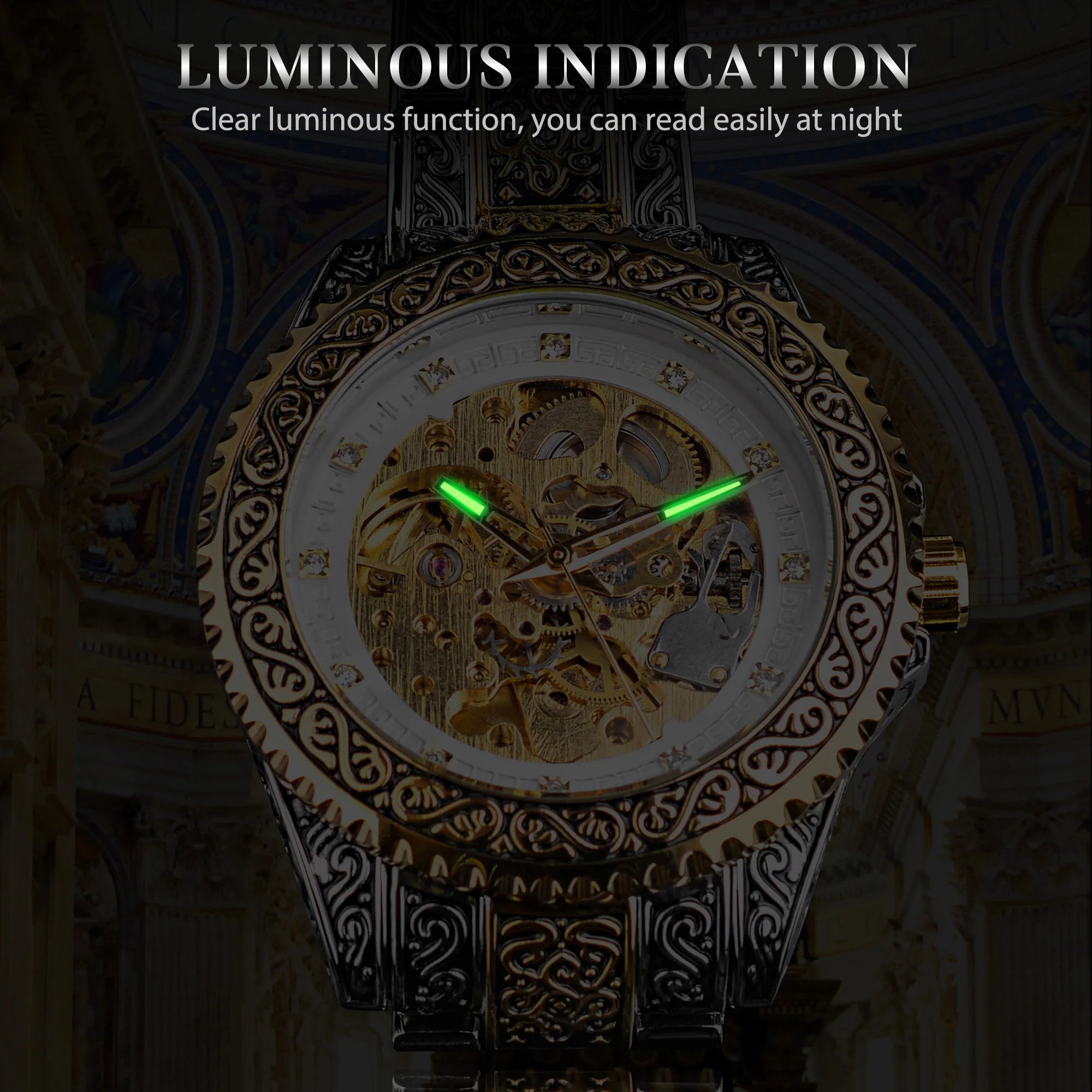 Forsining Gold Diamond Skeleton Automatic Watch — 44mm Oval, Luminous