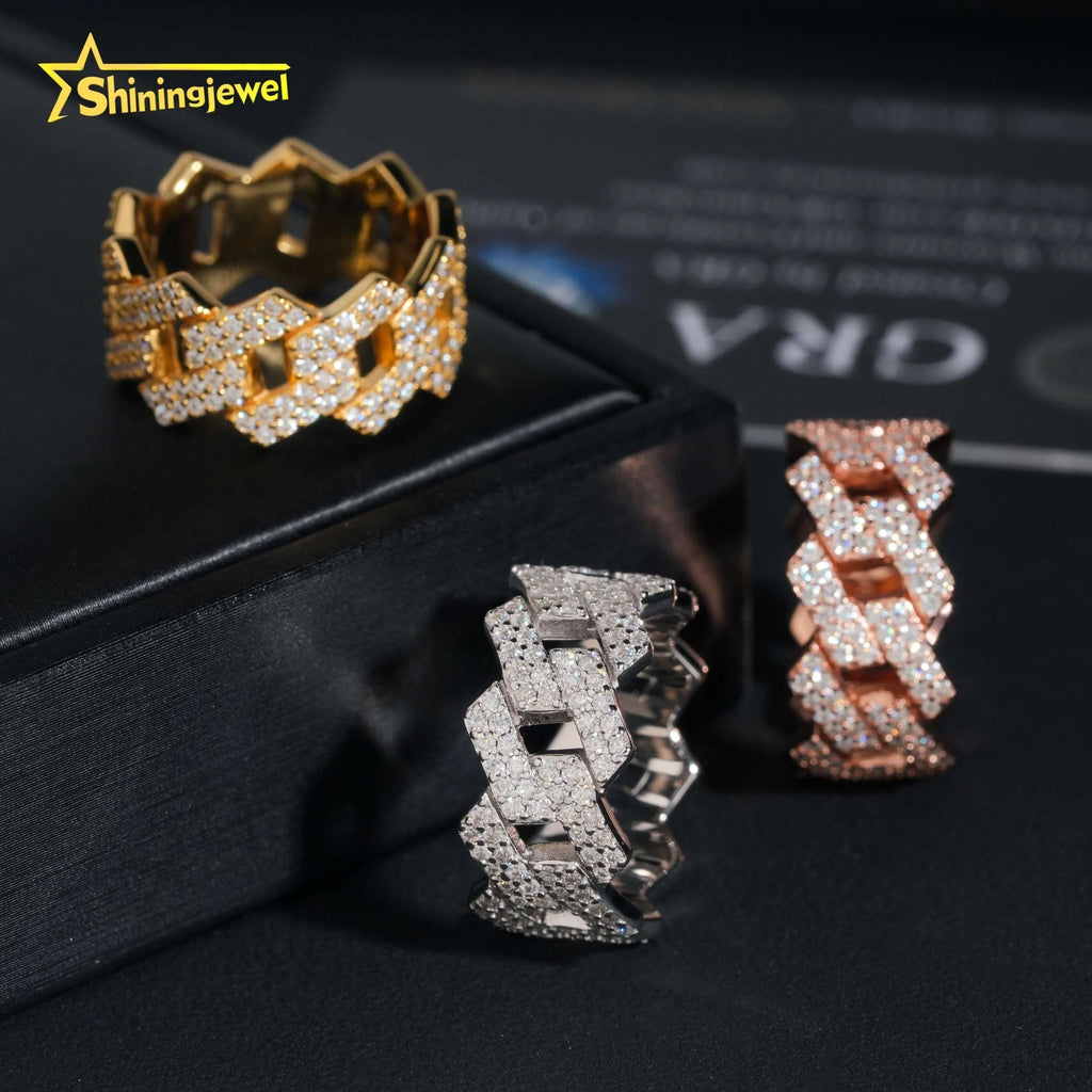 Factory Direct High Quality Hip Hop Two Row 925 Sterling Silver Moissanite Iced Out Cuban Ring
