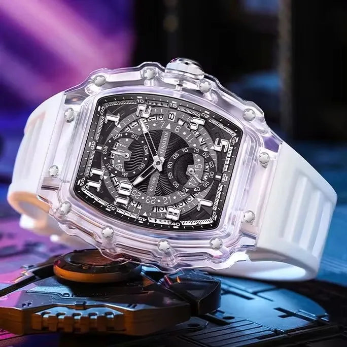 TINAIBIN Transparent Tonneau Quartz Sport Watch — 44.5mm, Luminous, 3BAR