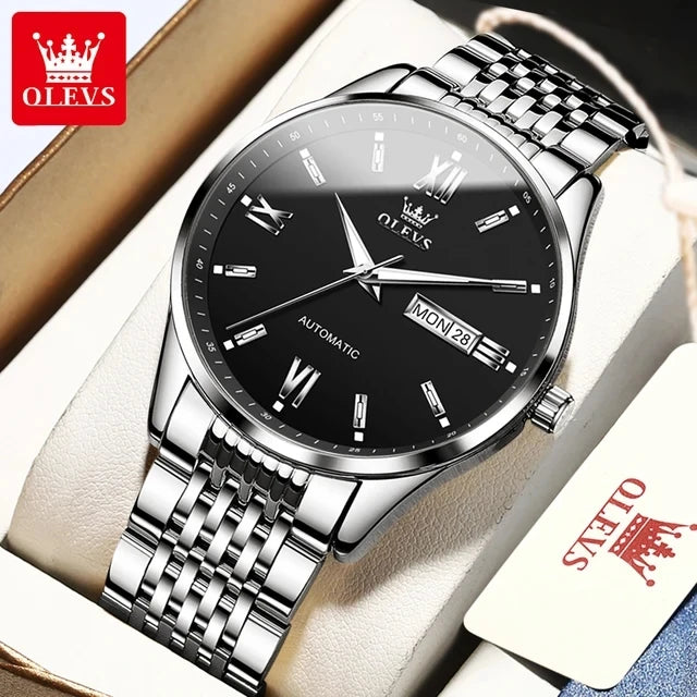OLEVS 6777 Automatic Mechanical Watch — 40mm, Leather, Full Calendar
