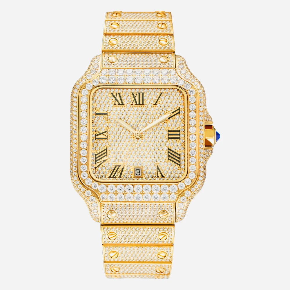 Full Diamond VVS1 Moissanite Sport Watch — Square Case, Sapphire, Butterfly Clasp