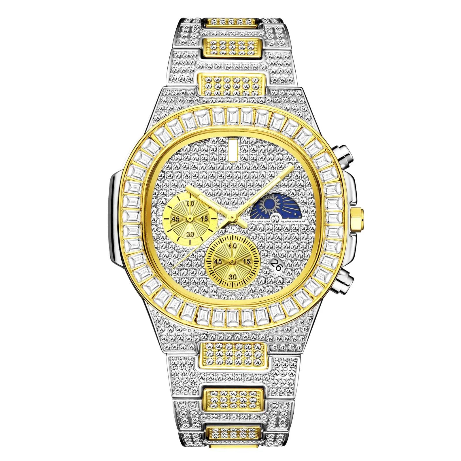 Iced Out Diamond Square Quartz Watch — 44mm, Day/Date, 3BAR