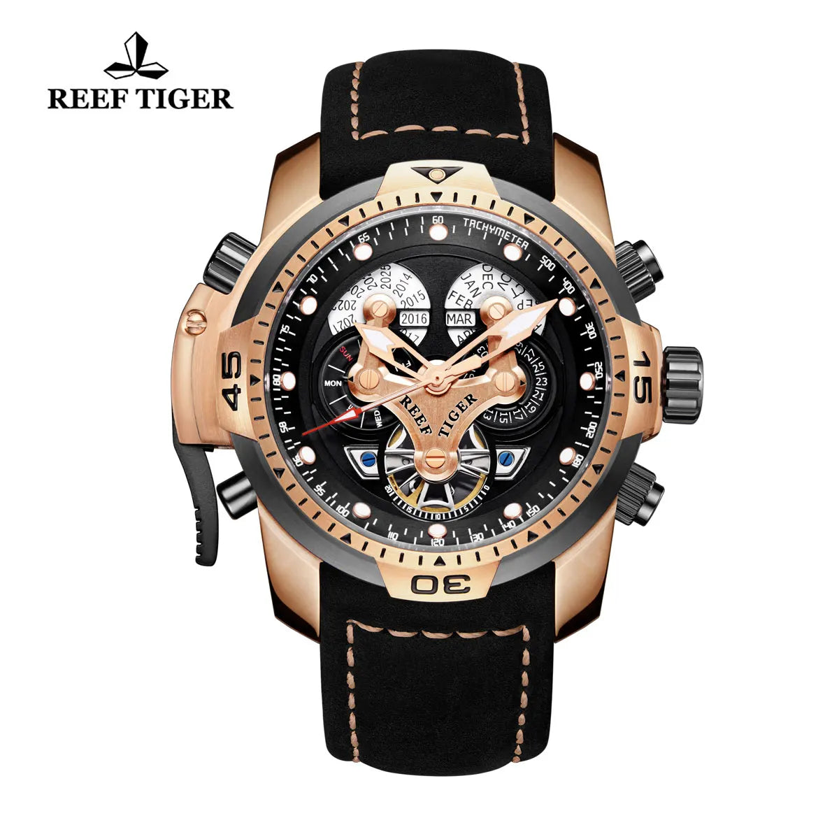 Reef Tiger Rose Gold Automatic Watch — 46mm, Sapphire, 10BAR, Luminous