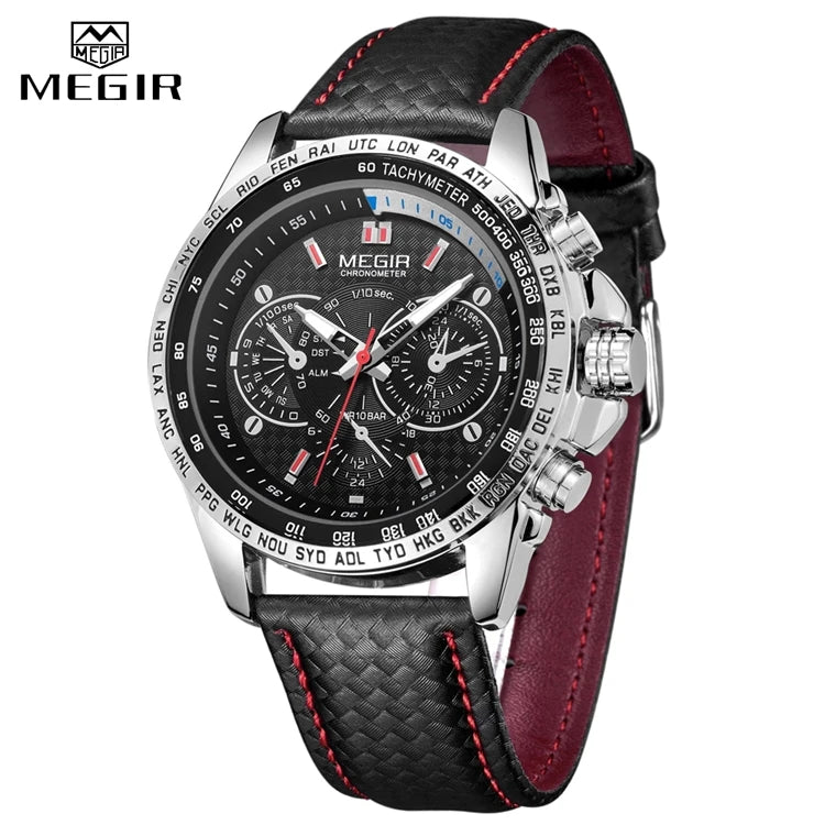 MEGIR 1010 Japan Quartz Chronograph Watch — 45mm, Leather, Luminous