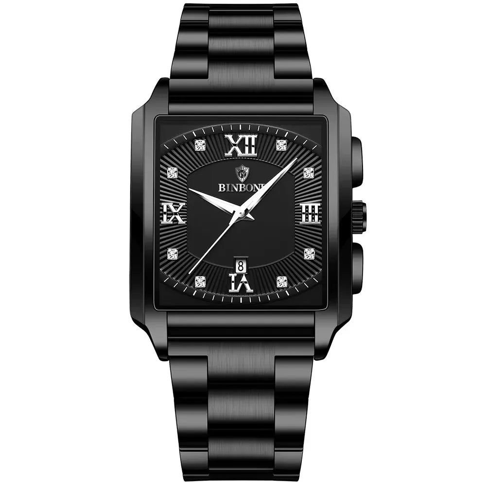 BINBOND B4143 Square Quartz Watch — 43mm, Luminous, Day/Date, 3BAR