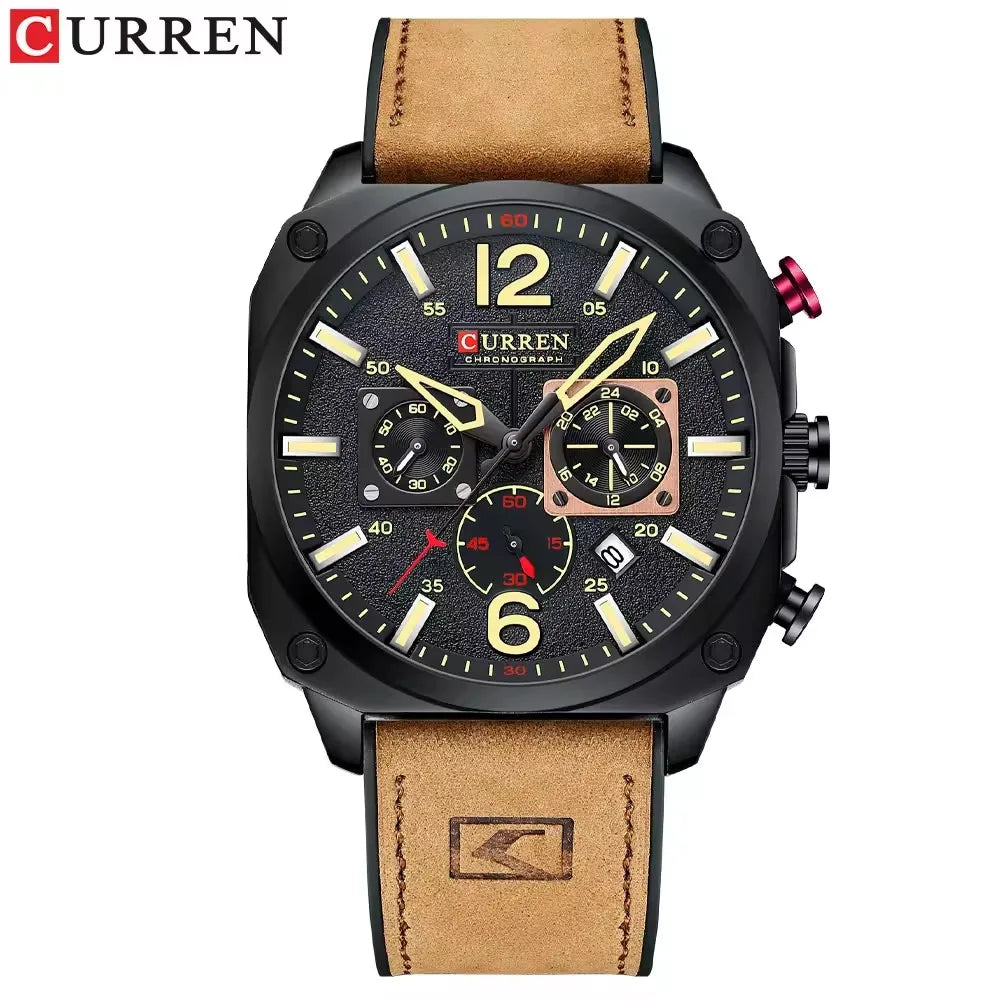 CURREN 8398 Leather Chronograph Watch — 45mm, Luminous, Stopwatch
