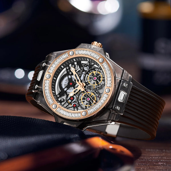 ONOLA 3835D Transparent Automatic Watch — 49mm, Tourbillon, Rubber Strap