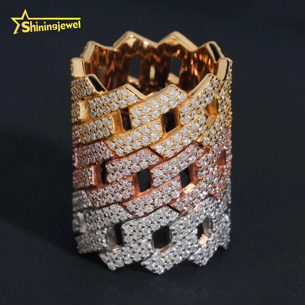 Factory Direct High Quality Hip Hop Two Row 925 Sterling Silver Moissanite Iced Out Cuban Ring