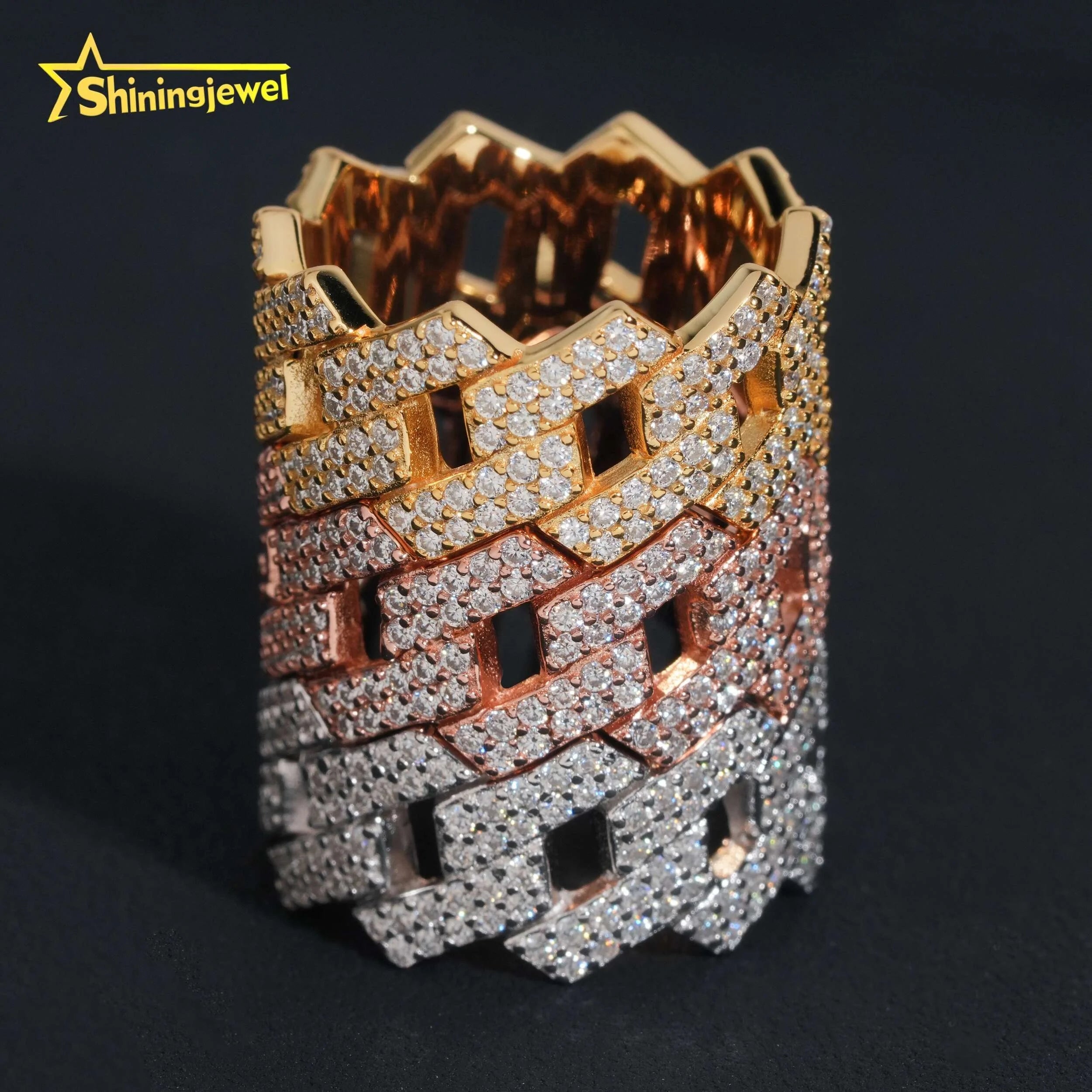 Factory Direct High Quality Hip Hop Two Row 925 Sterling Silver Moissanite Iced Out Cuban Ring