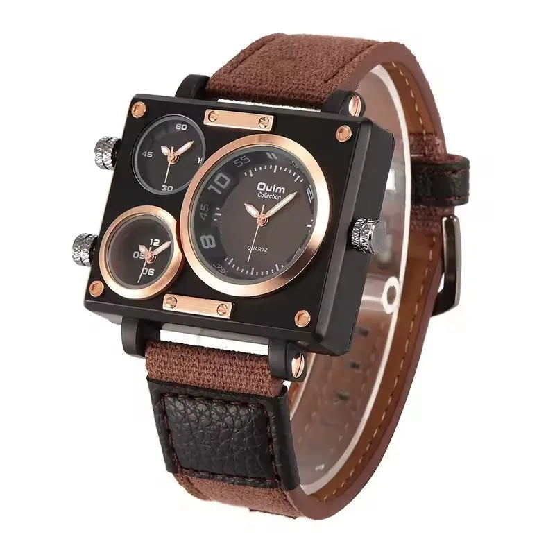 Oulm 3595 Large Dial Dual Time Zone Quartz Watch — 50mm Square, Leather