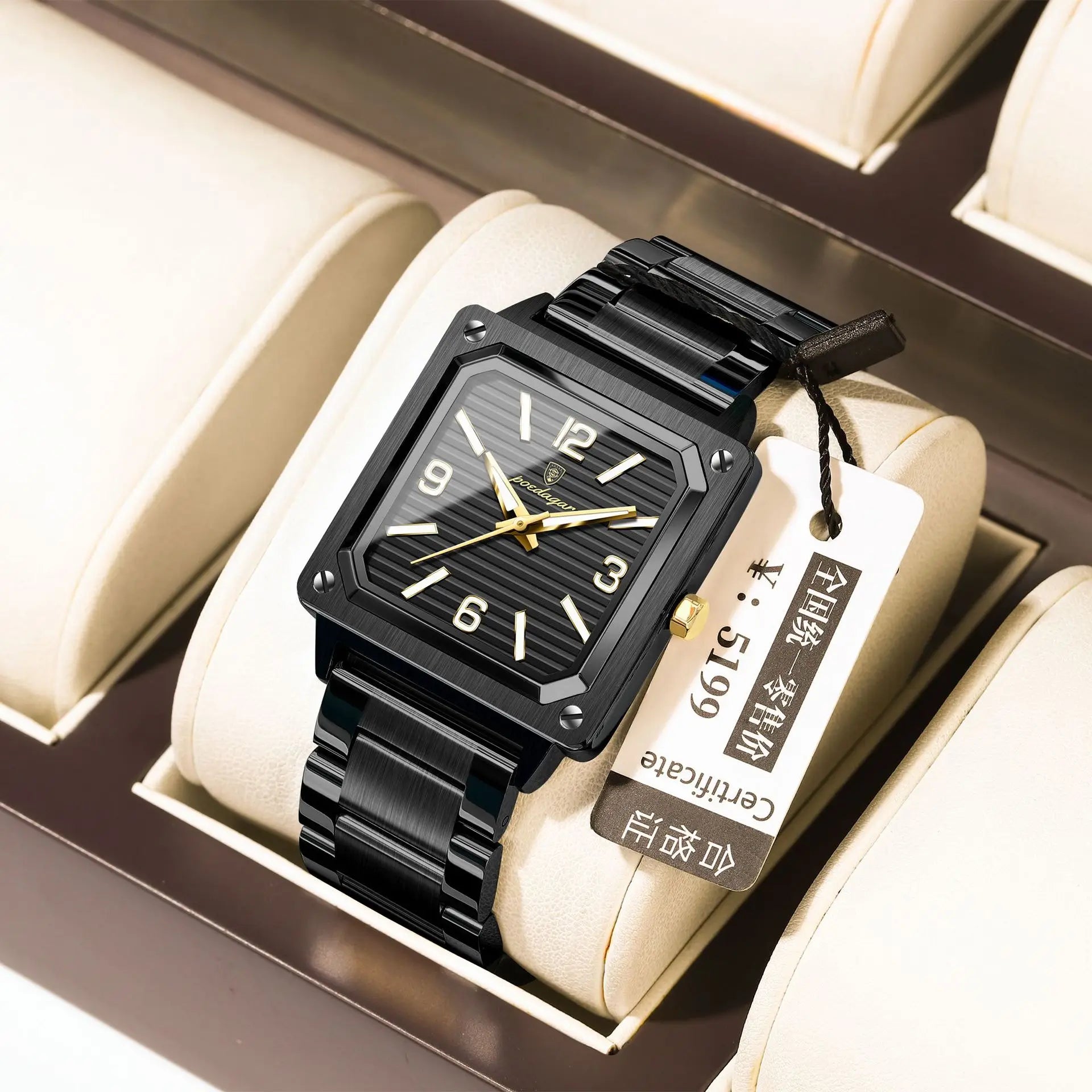 POEDAGAR 870 Big Dial Square Quartz Watch — Day/Date, Stainless, 3BAR